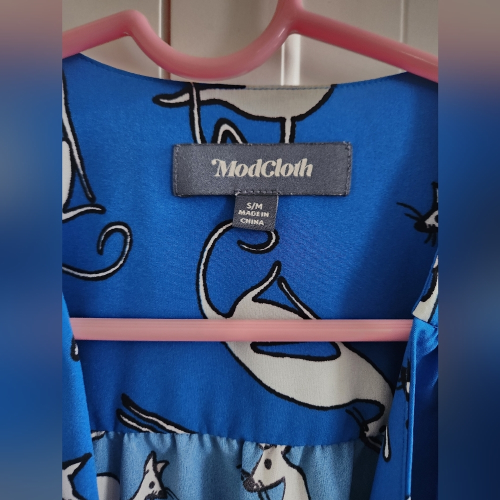 Modcloth S/M Blue White Cat Print Breezy Bliss Kimono Cover-up Silky Blouse - Picture 3 of 7